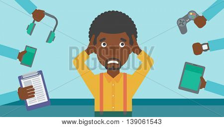 An african-american man in despair and many hands with gadgets around him. Young man surrounded with gadgets. Man using many electronic gadgets. Vector flat design illustration. Horizontal layout.