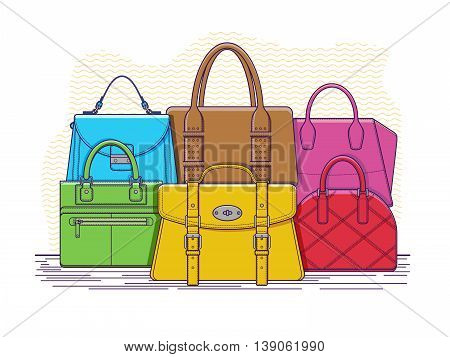 Set of bags. Fashion handbag accessory, leather bag with handle, vector illustration