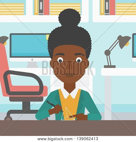 An african-american woman  making a model with a 3D pen. Woman drawing geometric shape by 3d pen. Engineer working with a 3 dimensional pen. Vector flat design illustration. Square layout.