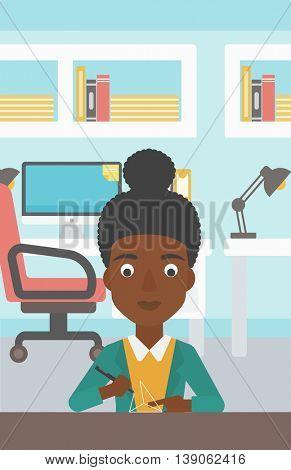 An african-american woman making a model with a 3D pen. Woman drawing geometric shape by 3d pen. Engineer working with a 3 dimensional pen. Vector flat design illustration. Vertical layout.