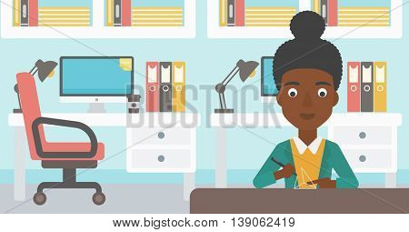 An african-american woman making a model with a 3D pen. Woman drawing geometric shape by 3d pen. Engineer working with a 3 dimensional pen. Vector flat design illustration. Horizontal layout.