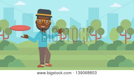 An african-american man playing flying disc in the park. Man throwing a flying disc. Sportsman catching flying disc outdoors. Vector flat design illustration. Horizontal layout.