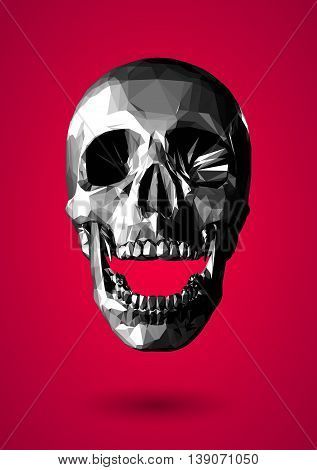 Low poly graphic grayscale 3D skull on red background