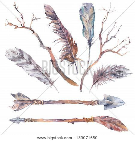 Set of watercolor branches, arrows and feathers, sprigs, isolated watercolor illustration on white Natural watercolor summer design boho elements, botanical collection