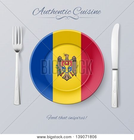 Authentic Cuisine of Moldova. Plate with Moldovan Flag and Cutlery