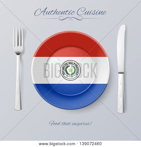 Authentic Cuisine of Paraguay. Plate with Paraguayan Flag and Cutlery