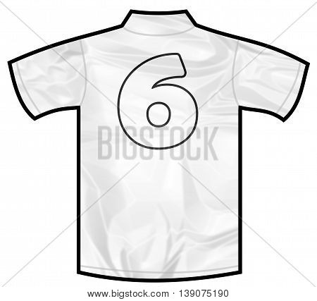 Number 6 six white sport shirt as a soccer, hockey, basket, rugby, baseball, volley or football team t-shirt. Like German or England or USA national team