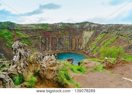 Kerid a lake filled volcanic crater in southwestern Iceland
