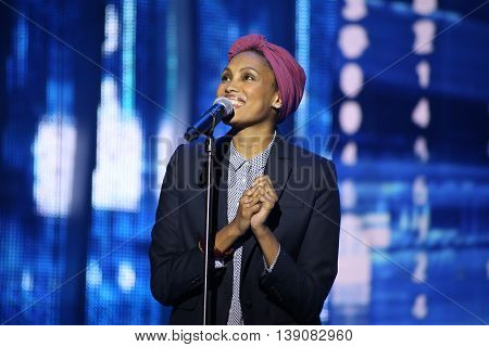 VITEBSK, BELARUS - JULY 18: French singer Imany (Nadia Mladjao) performs during the 25th Slavyansky Bazar Festival on July 18, 2016 in Vitebsk, Belarus
