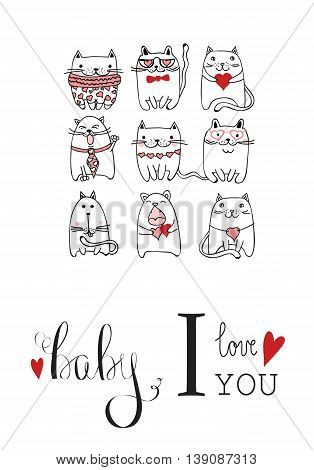 Cute valentine's greeting cards with doodle cats.
