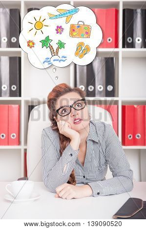 Bored Business Woman Dreaming About Holiday. Overwork Concept