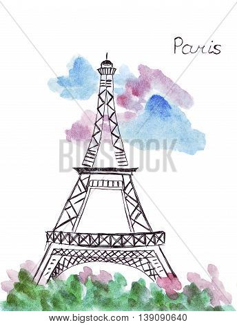 Illustration sketching landmark Paris Eiffel tower and flowers in front of her