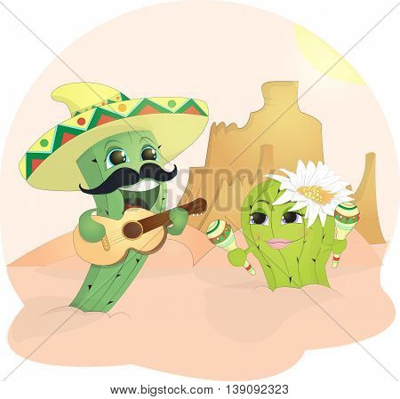 Funny cactuses in love dansing and singing