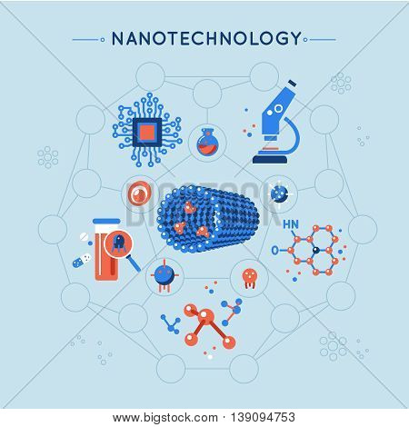 Nanotechnology decorative flat icons set with tube molecule structure microscope elecronics medicine on blue background vector illustration