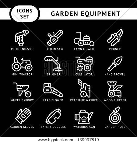 Set line icons of garden equipment isolated on black. Vector illustration