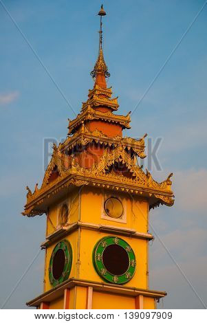 The Clock Tower On The Street. Bago In Myanmar. Burma.