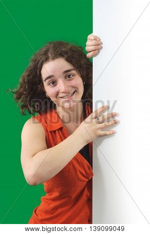 young woman holding the edge of the page chromakey background green screen