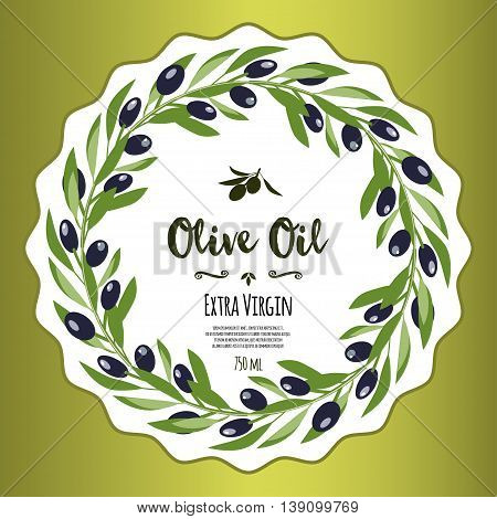 Olive oil banner design for product package labeling & decoration template. Floral frame with decorative elements & black olive tree branches with olives vector illustration. Sample text. Editable