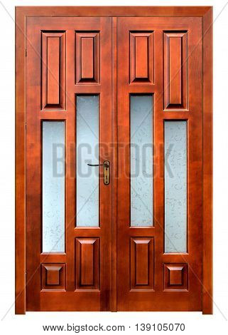 double wooden door on white background with pach