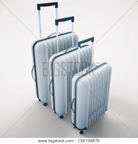 Three diffrent sized grey suitcases on light background. 3D Rendering