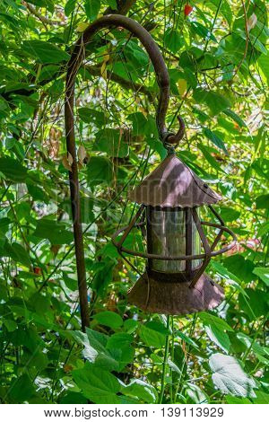 Abandoned Rusty Street Lamp Hidden In Foliage With Cylinder Shade