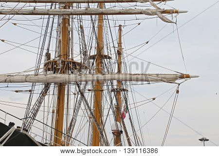 GAETA ITALY - JUNE 25 2016: The three masted Palinuro a historic Italian Navy training barquentine moored in the Gaeta port.