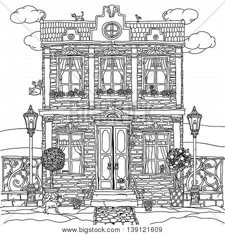frontage of a house with flowers, plants, cat and dog for adult coloring book or for zen art therapy anti stress drawing. Hand-drawn, vector, very detailed, for coloring book, poster design, contoured