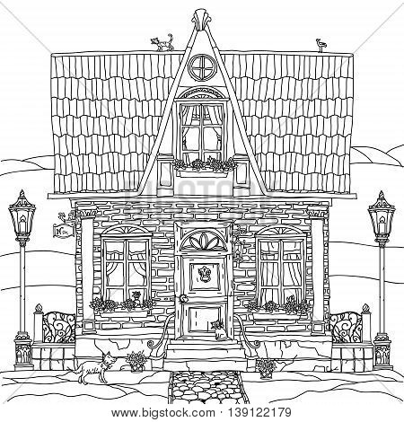 frontage of a house with flowers, plants, cat and dog for adult coloring book or for zen art therapy anti stress drawing. Hand-drawn, vector, very detailed, for coloring book, poster design, contoured