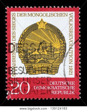 ZAGREB, CROATIA - JULY 03: A stamp printed in GDR shows The 50th Anniversary of the Mongolian Republic, circa 1971, on July 03, 2014, Zagreb, Croatia