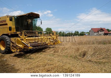 TRNOVEC, CROATIA - JULY 09, 2016: Combine harvester harvest ripe wheat on a farm in Trnovec, Croatia on July 09, 2016