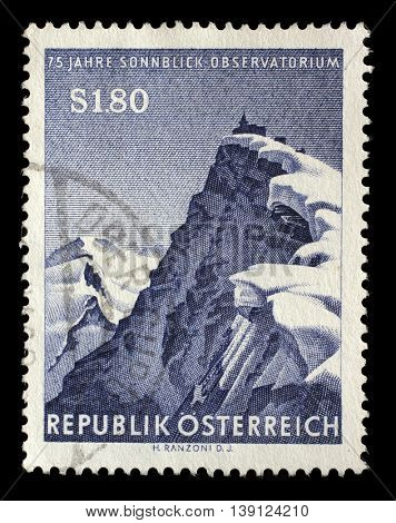 ZAGREB, CROATIA - JULY 03: a stamp printed by AUSTRIA shows view of Hoher Sonnblick summits with its Observatory located in Austrian Central Alps, circa 1962, on July 03, 2014, Zagreb, Croatia