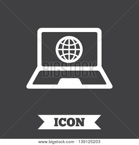 Laptop sign icon. Notebook pc with globe symbol. Graphic design element. Flat notebook symbol on dark background. Vector