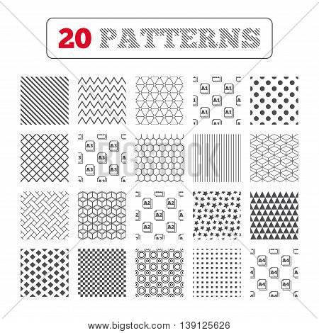 Ornament patterns, diagonal stripes and stars. Paper size standard icons. Document symbols. A1, A2, A3 and A4 page signs. Geometric textures. Vector