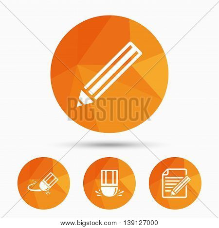 Pencil icon. Edit document file. Eraser sign. Correct drawing symbol. Triangular low poly buttons with shadow. Vector