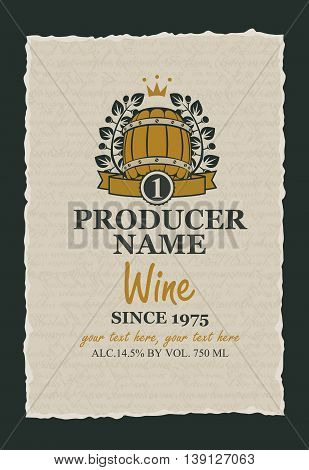 wine label with a wooden barrel and a laurel wreath