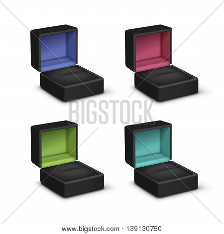 Vector Set of Empty Black Colored Velvet Opened gift jewelry boxes Close up Isolated on White Background