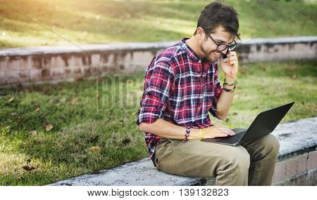 Man Sitting Park Phonecall Concept