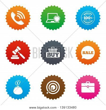 Online shopping, e-commerce and business icons. Auction, phone call and sale signs. Cash money, case and target symbols. Stars label button with flat icons. Vector