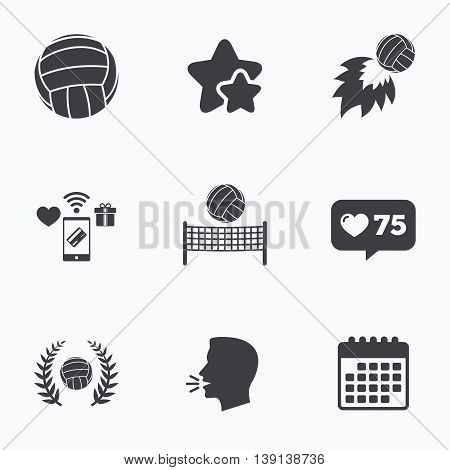 Volleyball and net icons. Winner award laurel wreath symbols. Fireball and beach sport symbol. Flat talking head, calendar icons. Stars, like counter icons. Vector