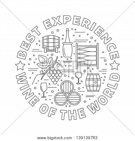Winery icons arranged in circle composition isolated on white background. Winemaking, wine tasting template for banner, flyer, t shirt, book cover. Winery symbols in line style. raster illustration.
