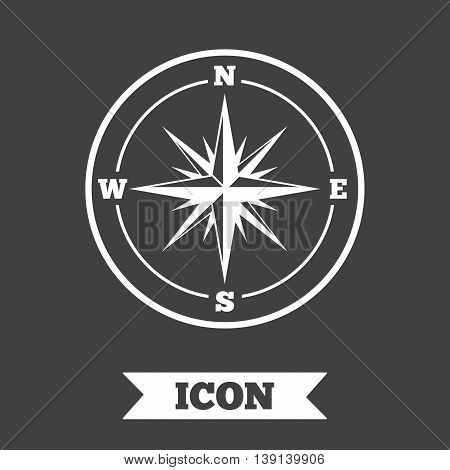 Compass sign icon. Windrose navigation symbol. Graphic design element. Flat windrose compass symbol on dark background. Vector