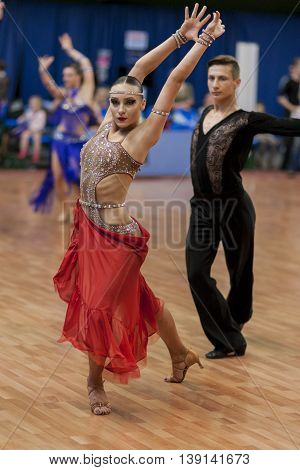 Minsk Belarus -May 29 2016: Adamovskiy Vladislav and Valashimas Stephaniya Perform Youth-2 Latin-American Program on National Championship of the Republic of Belarus in May 29 2016 in Minsk Belarus