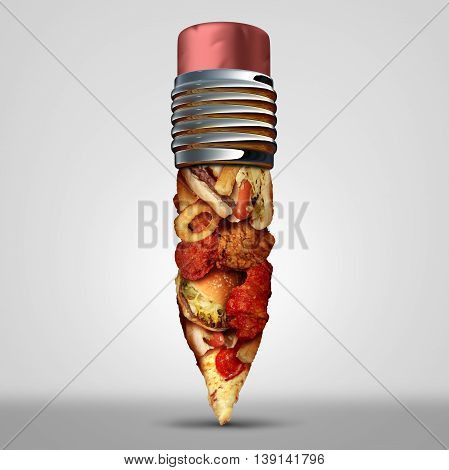 Eating fat education idea and diet plan problems or obesity crisis in the school concept as a heap of unhealthy fast food shaped as a pencil as a nutrition risk symbol for the youth with 3D illustration elements.