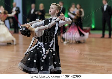 Minsk Belarus -May 29 2016: Prahov Ivan and Sackevich Ekaterina Perform Juvenile-1 Standard European Program on National Championship of the Republic of Belarus in May 29 2016 in Minsk Republic of Belarus