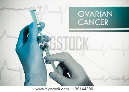 Stop ovarian cancer. Syringe is filled with injection. Syringe and vaccine