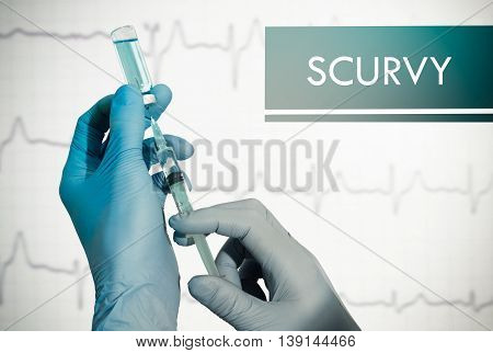 Stop scurvy. Syringe is filled with injection. Syringe and vaccine