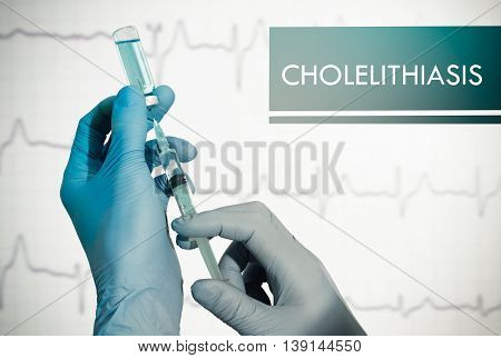 Stop cholelithiasis. Syringe is filled with injection. Syringe and vaccine