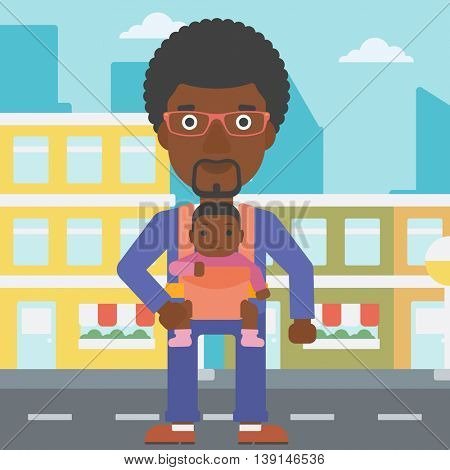 An african-american father carrying daughter in sling. Father with baby in sling walking in the city street. Young father carrying newborn in sling. Vector flat design illustration. Square layout.