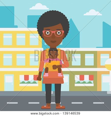 An african-american mother carrying son in sling. Mother with baby in sling walking in the city street. Young mother carrying a newborn in sling. Vector flat design illustration. Square layout.
