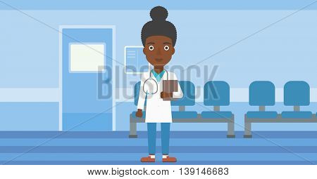 African-american young female friendly doctor with stetoscope standing in hospital corridor and carrying folder of patient or medical information. Vector flat design illustration. Horizontal layout.